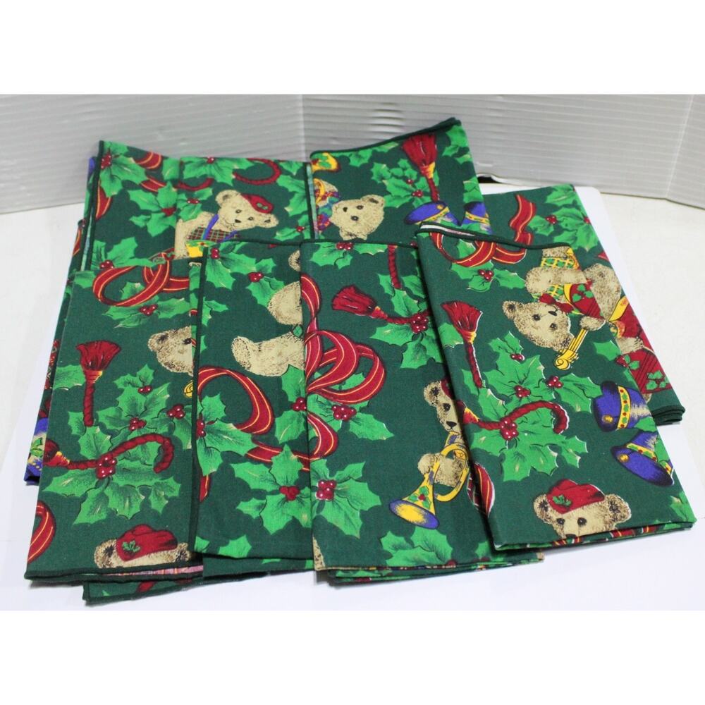 Vintage Christmas Teddy Bear Cloth Napkins Set Of 10 Green Holly Holiday